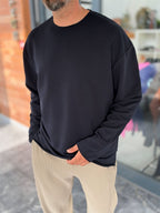Navy Blue Oversized Sweatshirt with Distressed Collar MRK-2617