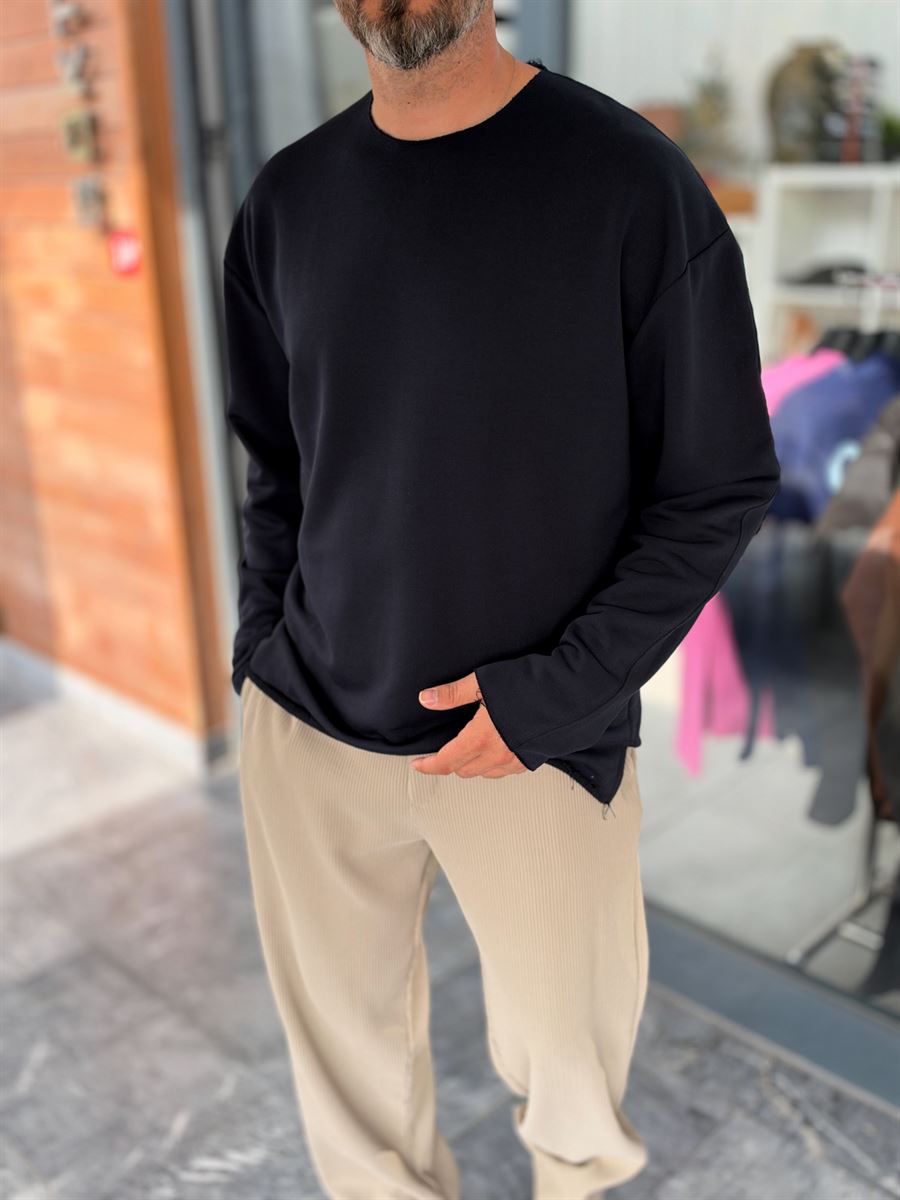 Navy Blue Oversized Sweatshirt with Distressed Collar MRK-2617
