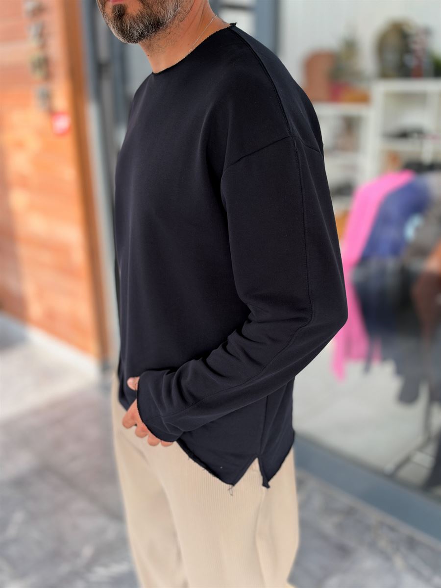 Navy Blue Oversized Sweatshirt with Distressed Collar MRK-2617