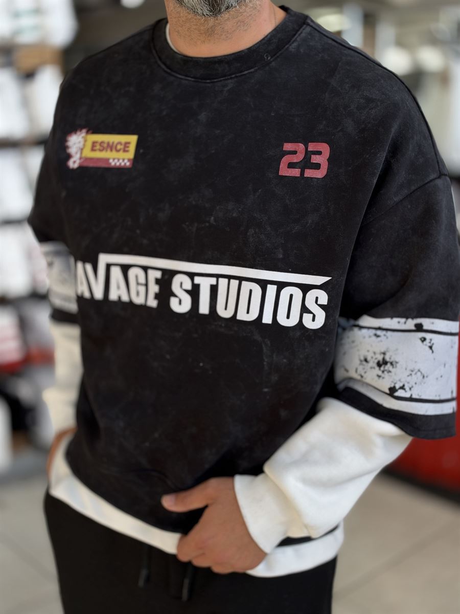 Black Washed Sweatshirt with Ravage Print ES-188