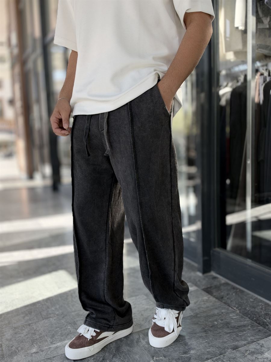 Black Washed Baggy Joggers with Seam Details WE-5142