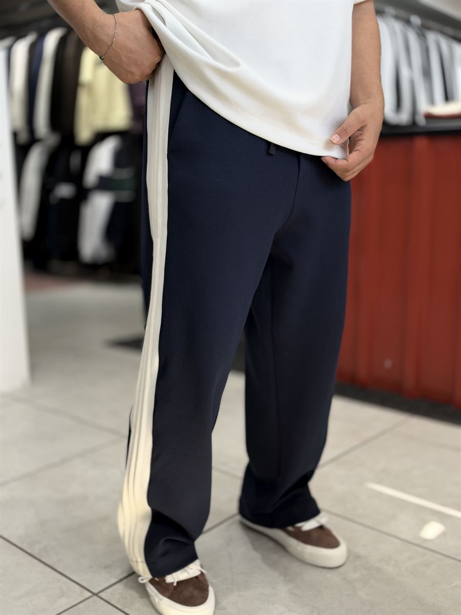 Navy Blue Baggy Joggers with Side Panel Stripes WE-5138