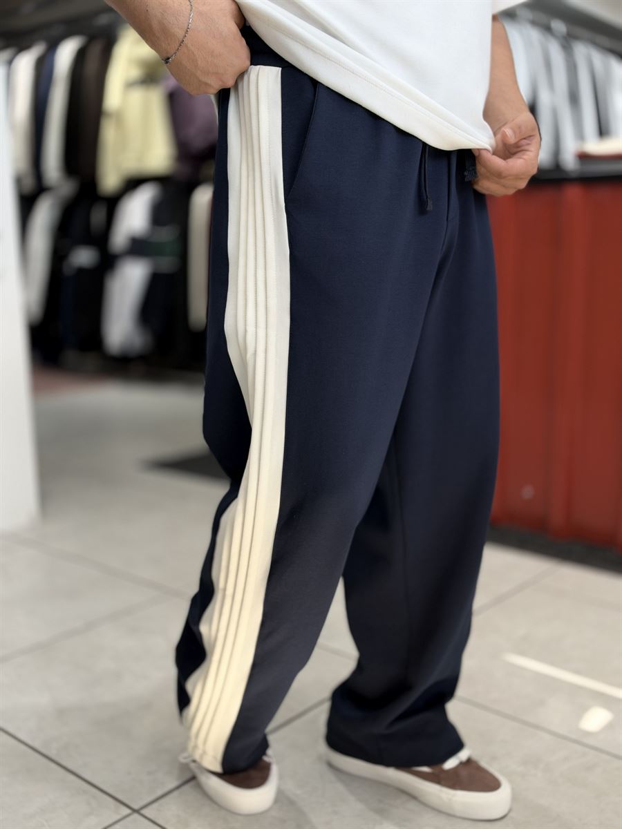Navy Blue Baggy Joggers with Side Panel Stripes WE-5138