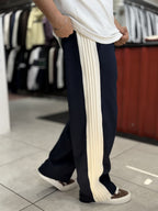 Navy Blue Baggy Joggers with Side Panel Stripes WE-5138