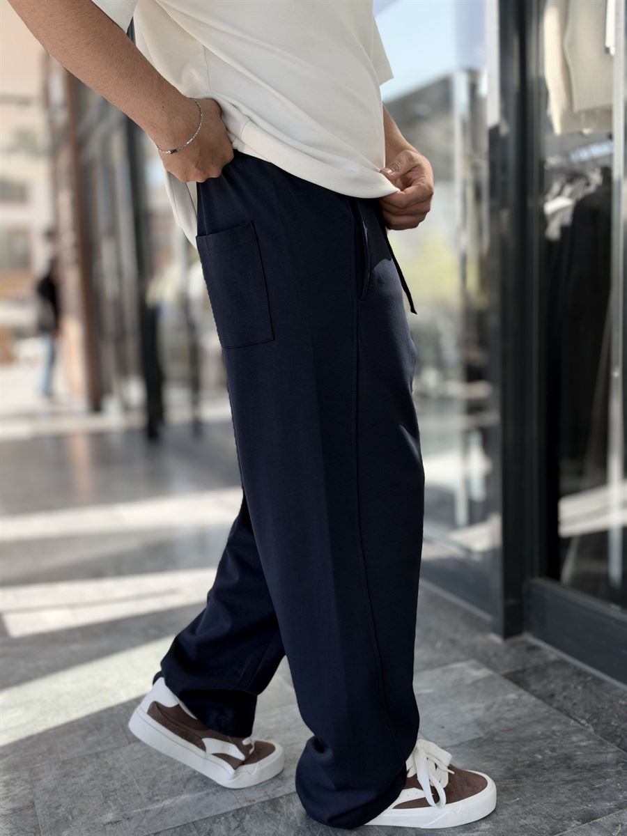 Navy Blue Baggy Joggers with Angled Stitching WE-5139