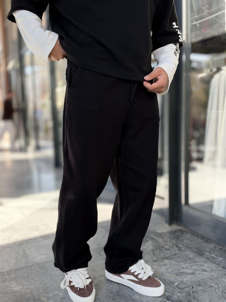 Black Textured Gabardine Baggy Trousers WE-2870