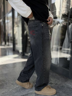 Anthracite Stonewashed Baggy Jeans with Embroidered Pocket WE-3507