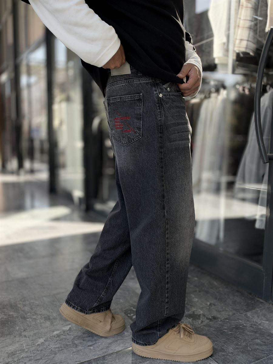 Anthracite Stonewashed Baggy Jeans with Embroidered Pocket WE-3507
