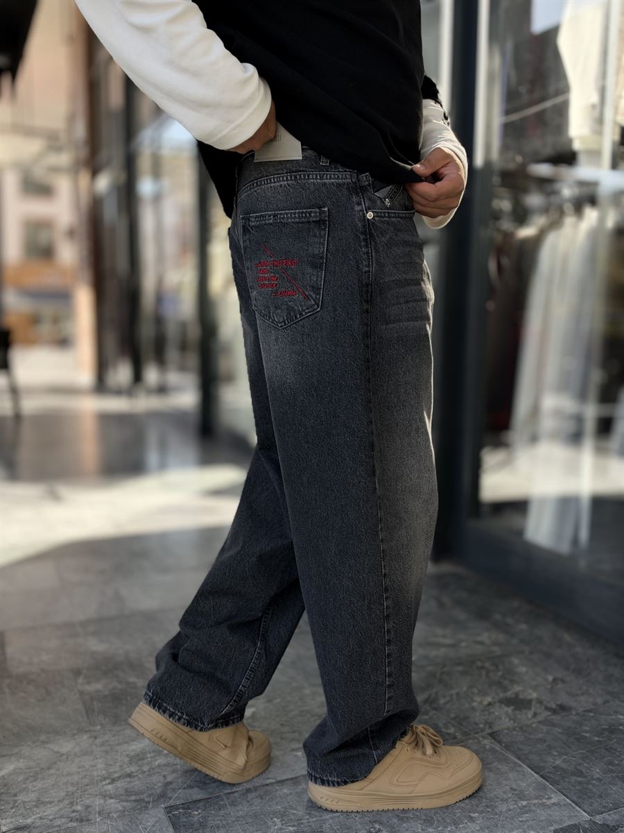 Anthracite Stonewashed Baggy Jeans with Embroidered Pocket WE-3507