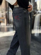 Anthracite Stonewashed Baggy Jeans with Embroidered Pocket WE-3507