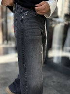 Anthracite Stonewashed Baggy Jeans with Embroidered Pocket WE-3507