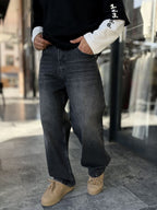 Anthracite Stonewashed Baggy Jeans with Embroidered Pocket WE-3507