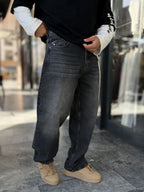 Anthracite Stonewashed Baggy Jeans with Embroidered Pocket WE-3507