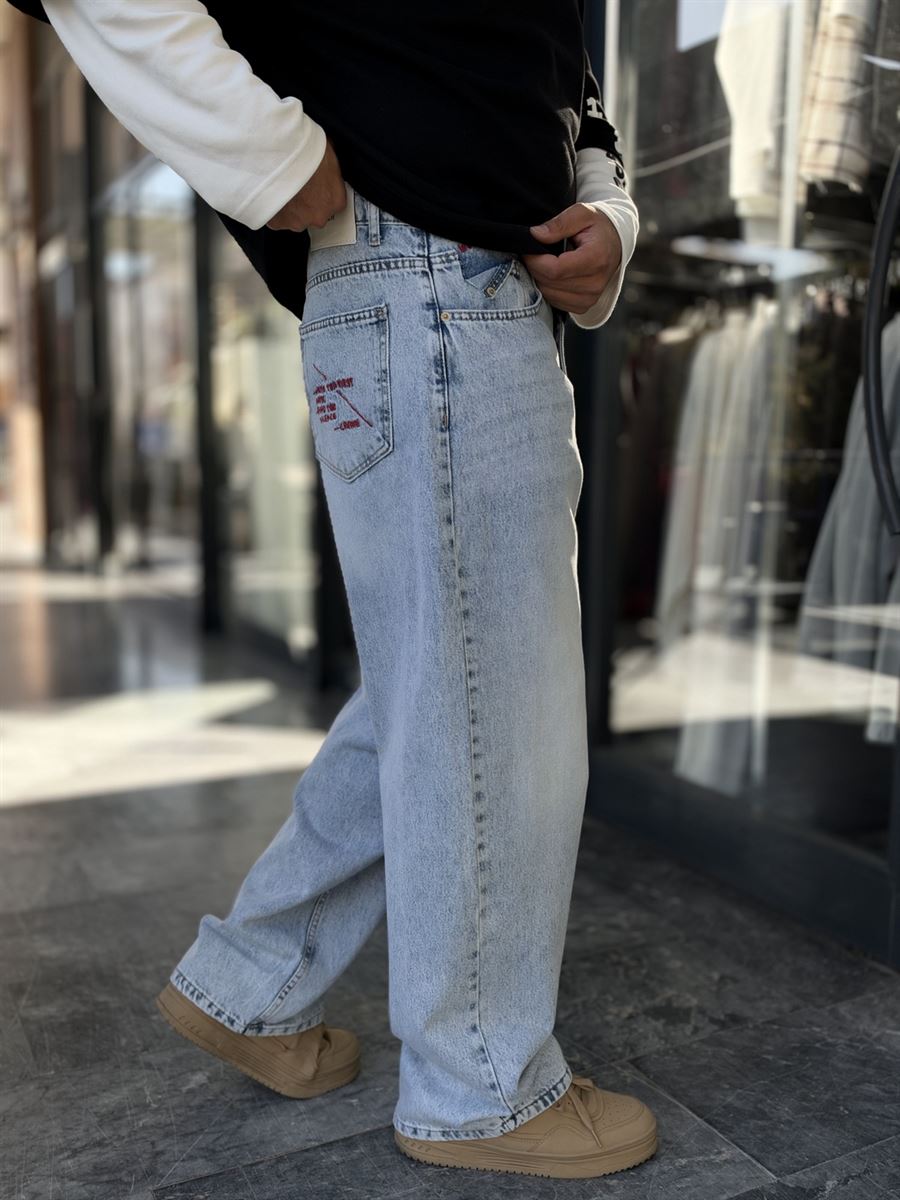 Light Blue Stonewashed Baggy Jeans with Embroidered Pocket WE-3507