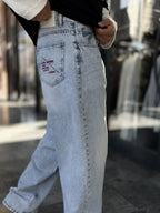 Light Blue Stonewashed Baggy Jeans with Embroidered Pocket WE-3507