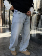 Light Blue Stonewashed Baggy Jeans with Embroidered Pocket WE-3507