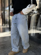 Light Blue Stonewashed Baggy Jeans with Embroidered Pocket WE-3507