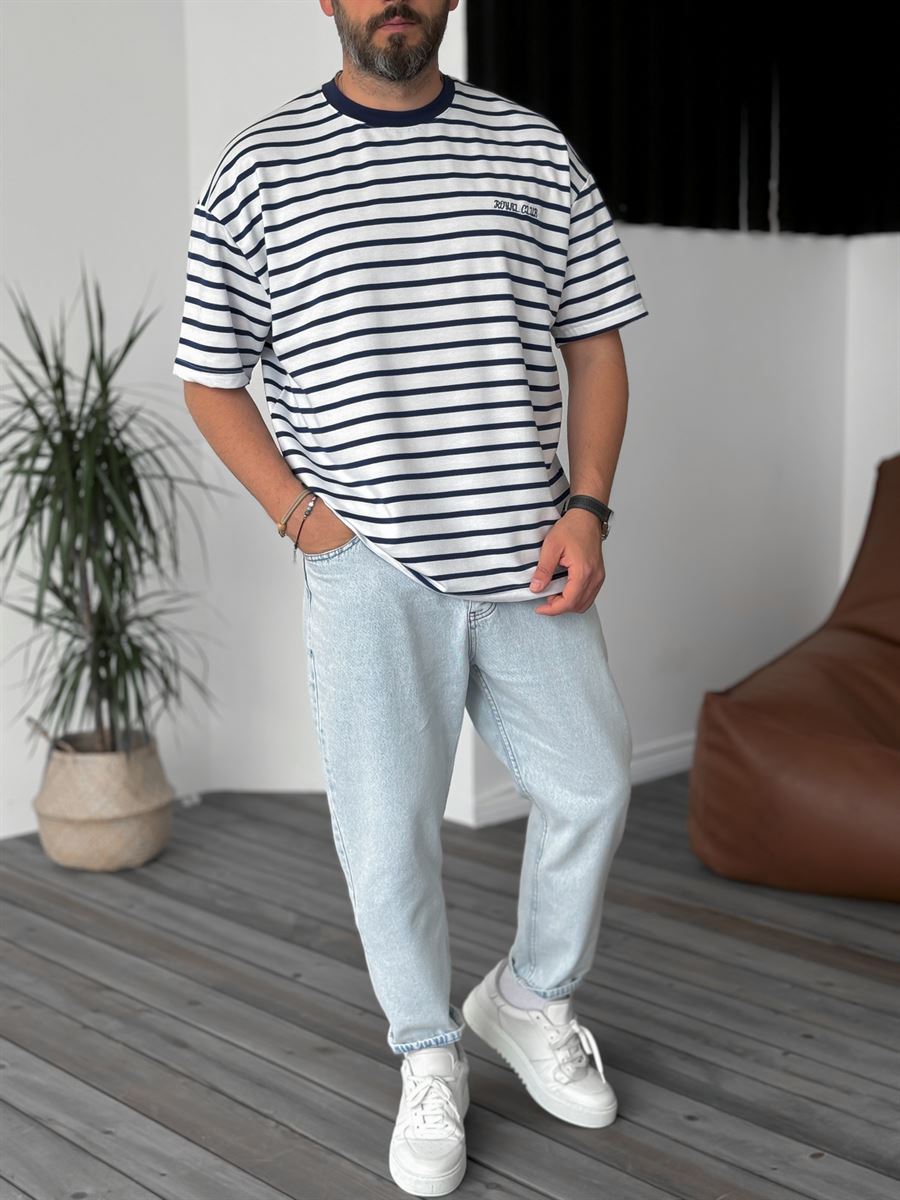 Striped Royal Embroidered Oversize T-Shirt