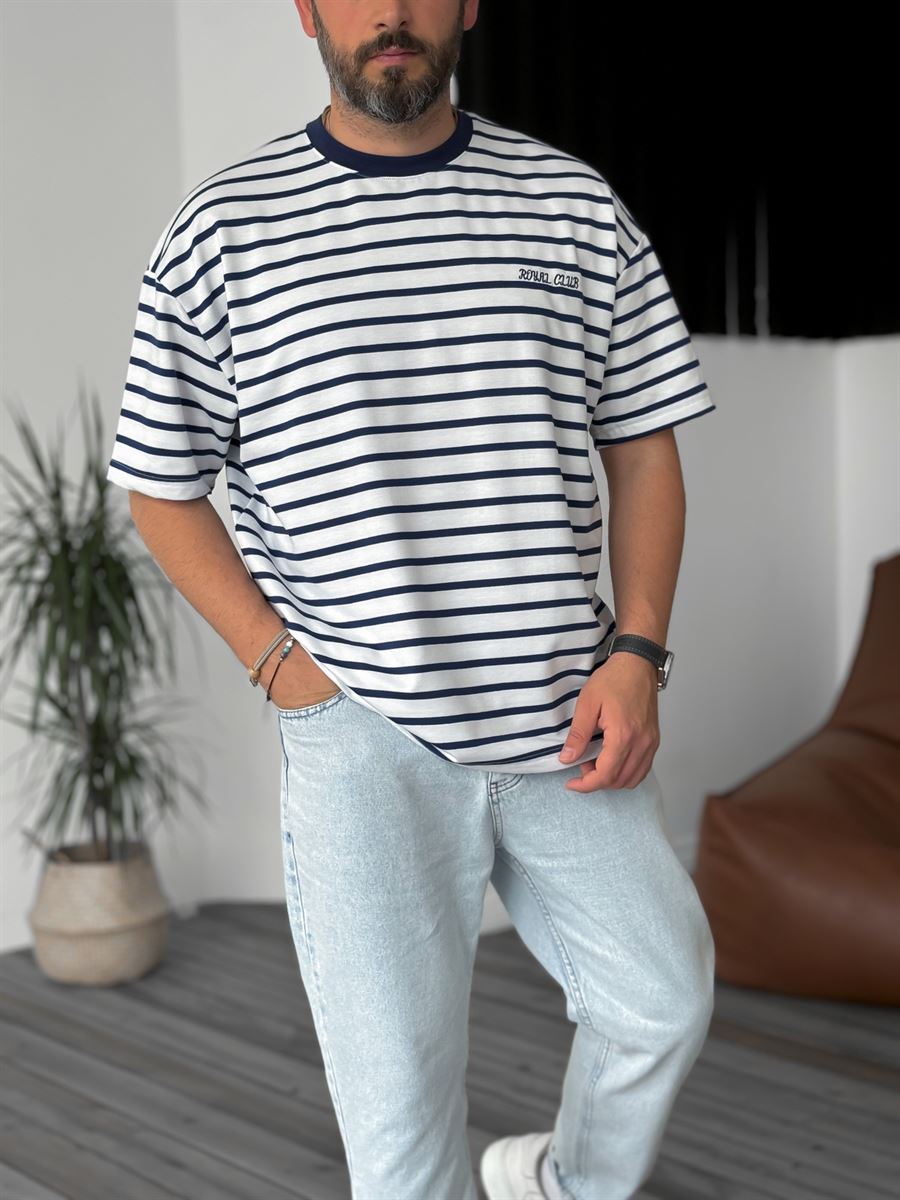 Striped Royal Embroidered Oversize T-Shirt