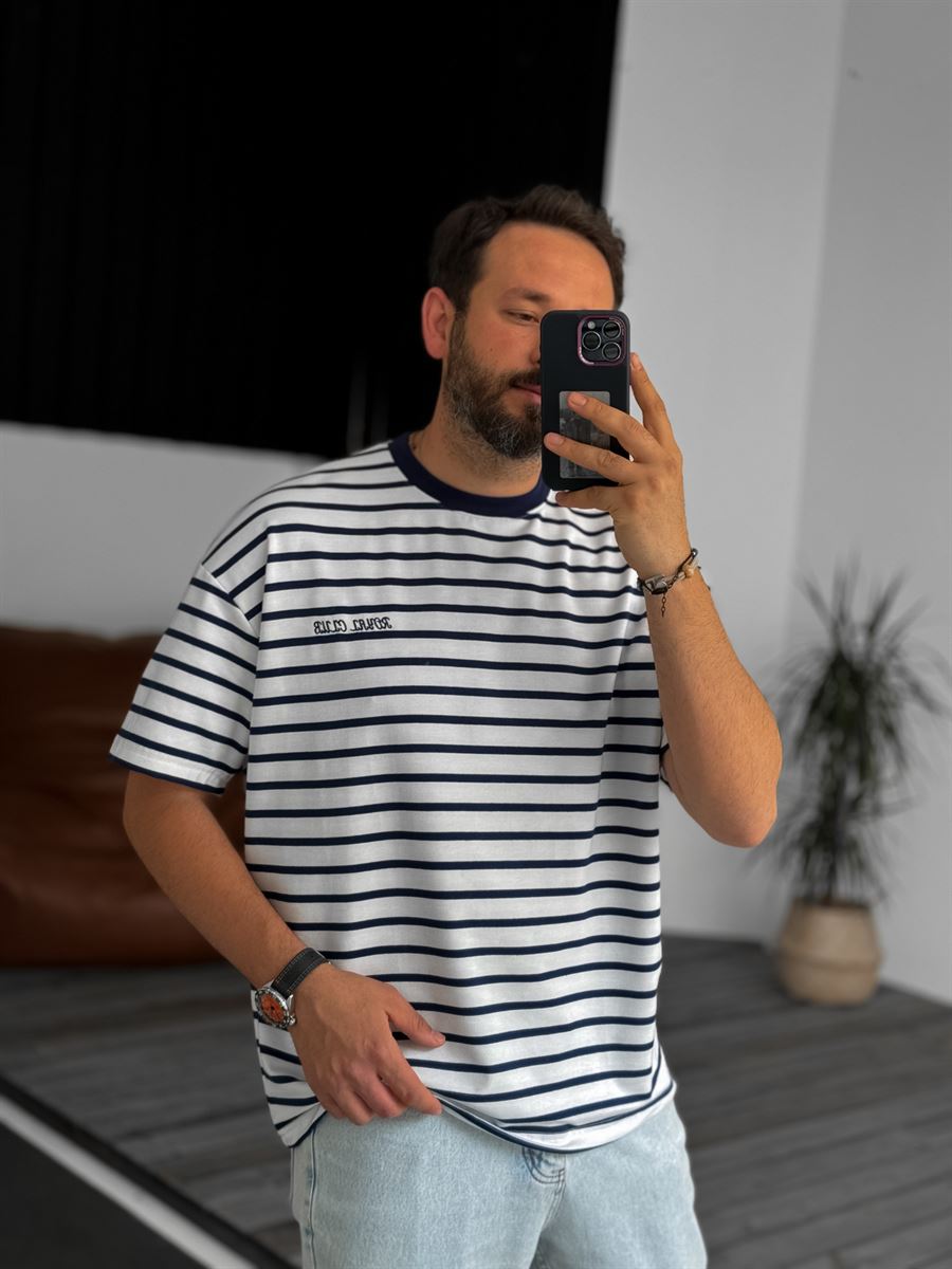 Striped Royal Embroidered Oversize T-Shirt