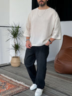 Beige Embroidered Poor Sleeve Muslin Fabric T-Shirt G-4535/8