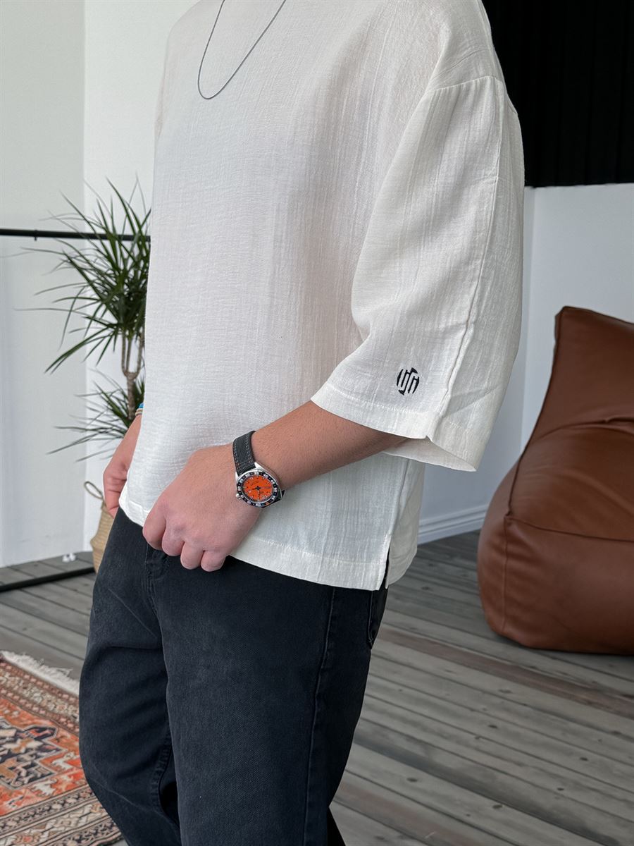 Beige Embroidered Poor Sleeve Muslin Fabric T-Shirt G-4535/8