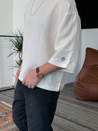 Beige Embroidered Poor Sleeve Muslin Fabric T-Shirt G-4535/8