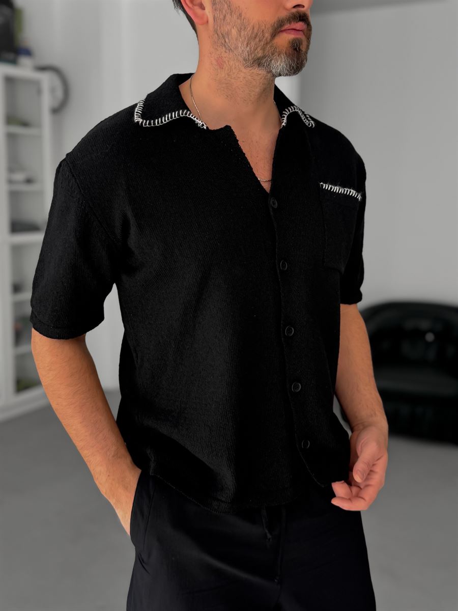 Black Stitch Detail Knitted Shirt G-009