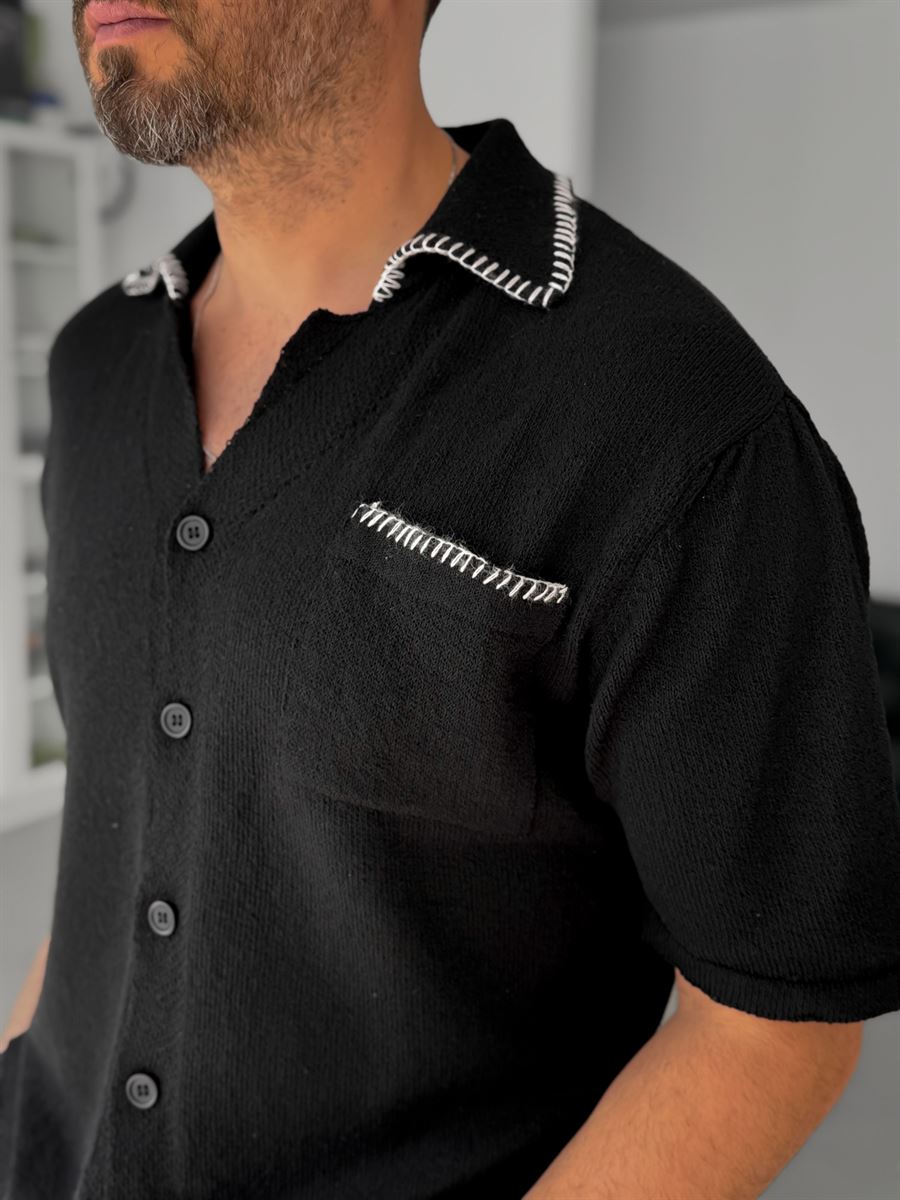 Black Stitch Detail Knitted Shirt G-009