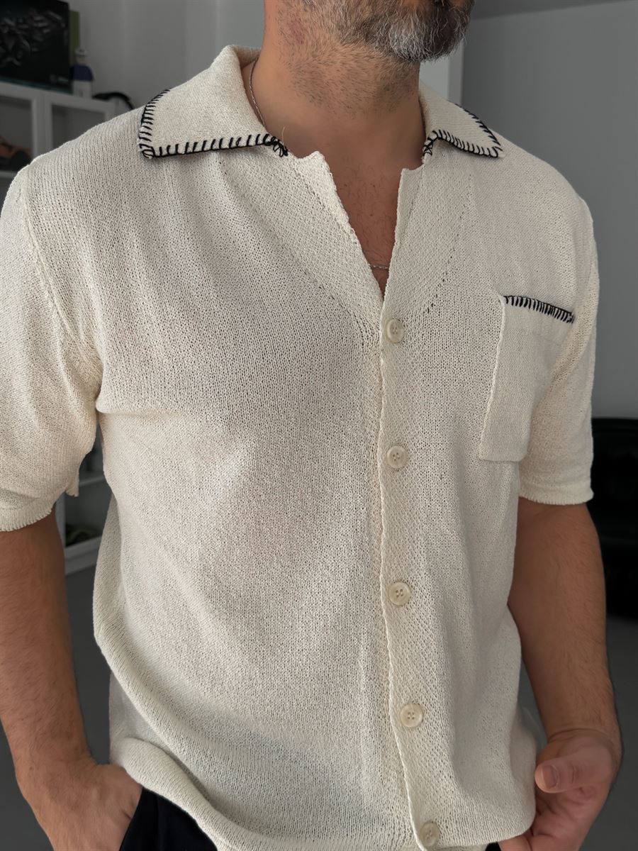 Off-White Knit Shirt with Stitching Detail G-009