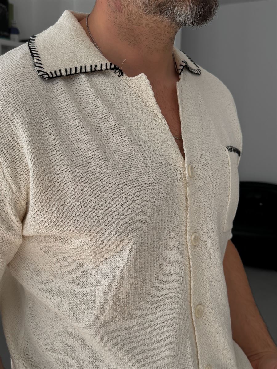 Off-White Knit Shirt with Stitching Detail G-009