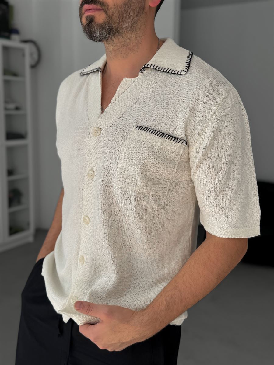 Off-White Knit Shirt with Stitching Detail G-009