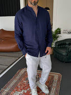 Mandarin Collar Raw Linen Shirt