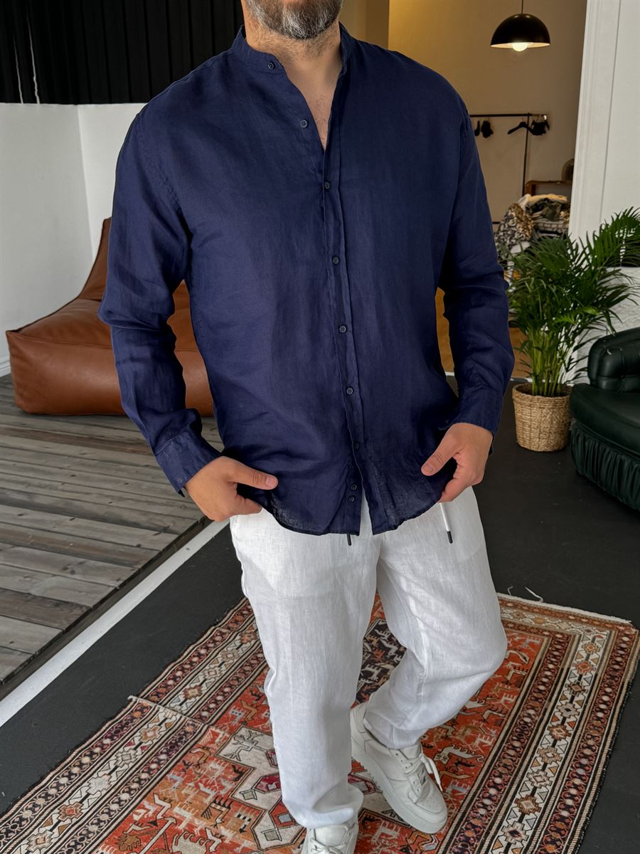 Mandarin Collar Raw Linen Shirt