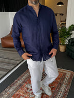 Mandarin Collar Raw Linen Shirt