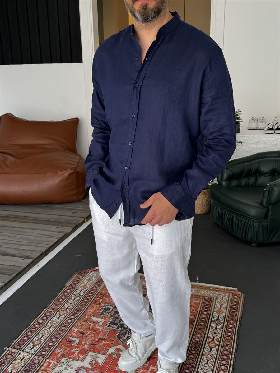 Mandarin Collar Raw Linen Shirt