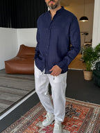 Mandarin Collar Raw Linen Shirt