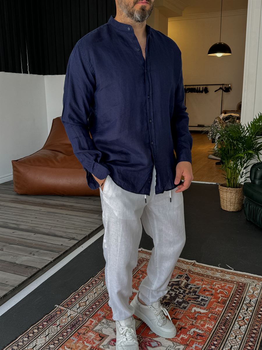 Mandarin Collar Raw Linen Shirt