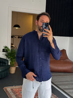 Mandarin Collar Raw Linen Shirt