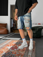 Stonewashed Distressed Denim Shorts