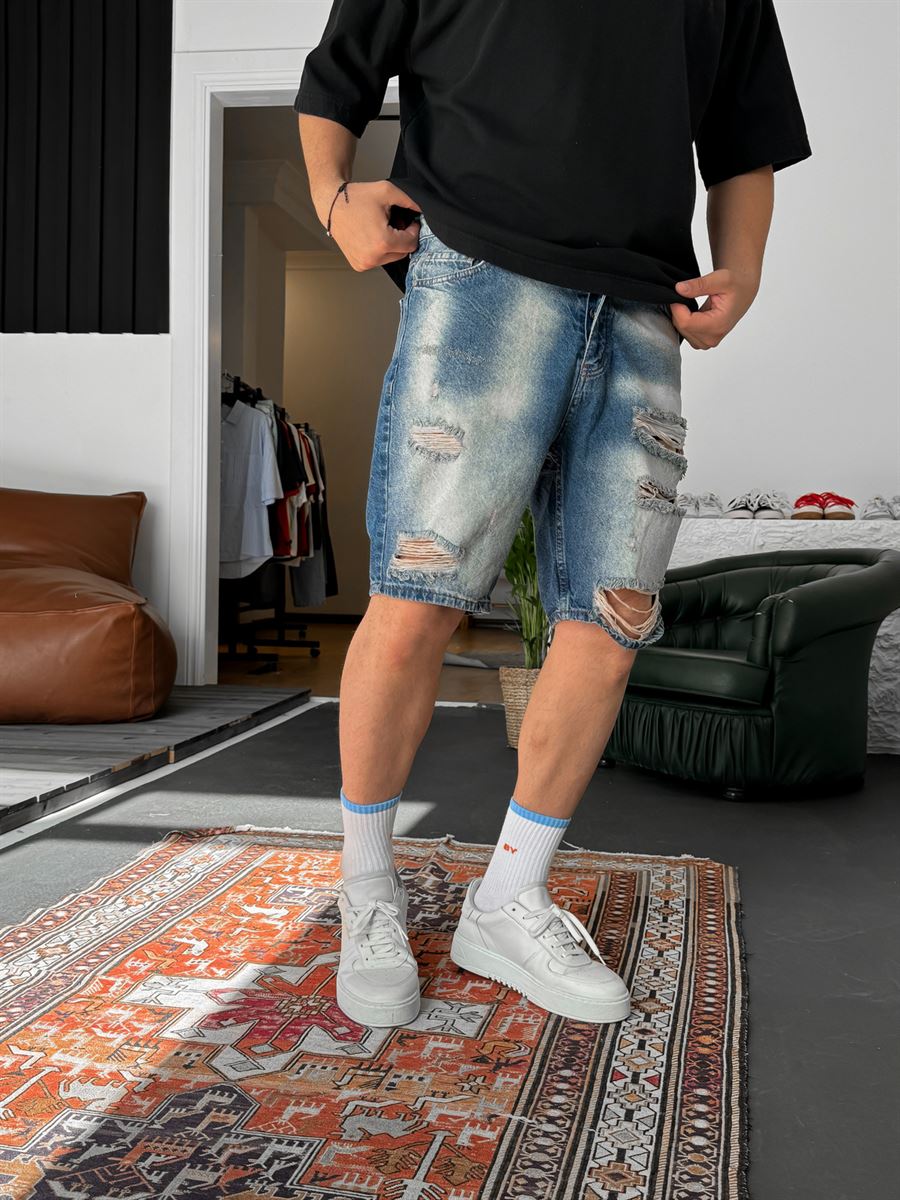 Stonewashed Distressed Denim Shorts