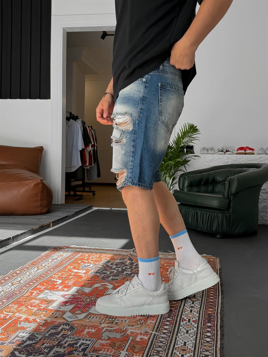 Stonewashed Distressed Denim Shorts