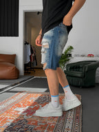 Stonewashed Distressed Denim Shorts