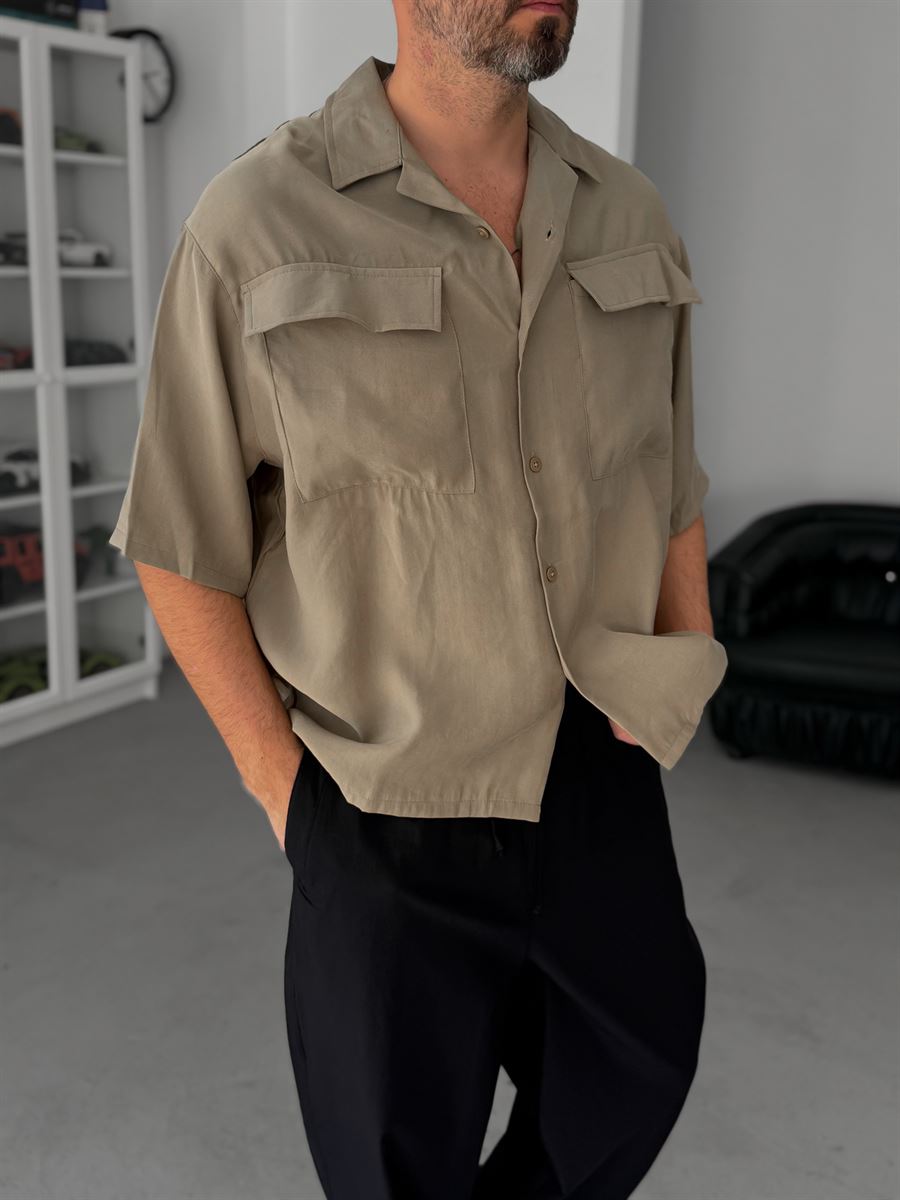 Khaki Double Pocket Short Sleeve Shirt V-709