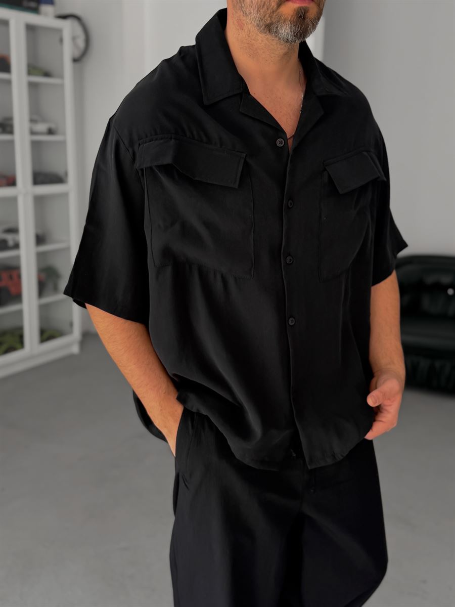 Black Double Pocket Short Sleeve Shirt V-709