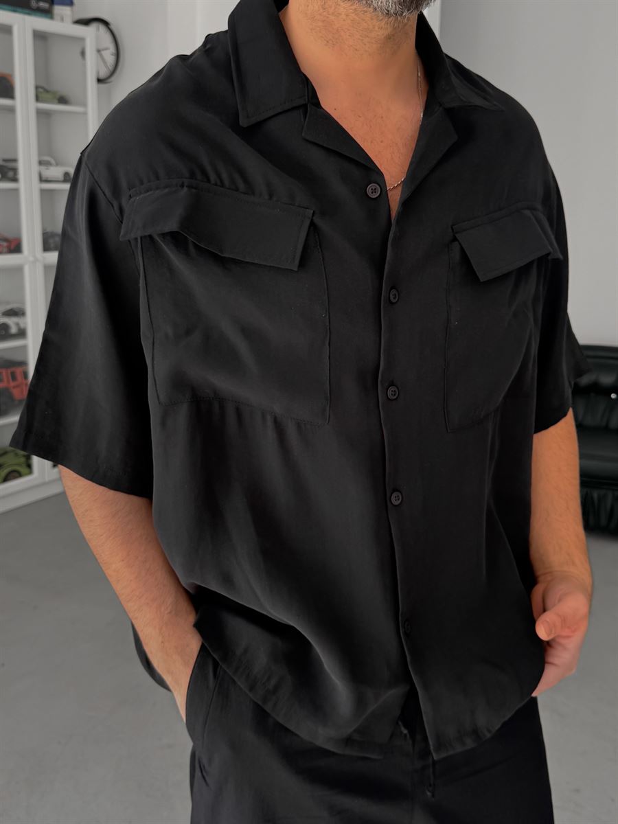 Black Double Pocket Short Sleeve Shirt V-709