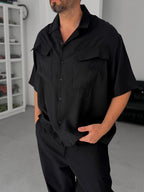 Black Double Pocket Short Sleeve Shirt V-709