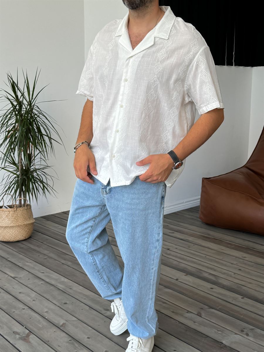 Diamond Pattern Embroidered Short Sleeve Shirt