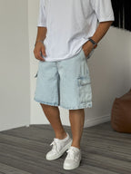 Washed Cargo Denim Shorts