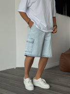 Washed Cargo Denim Shorts